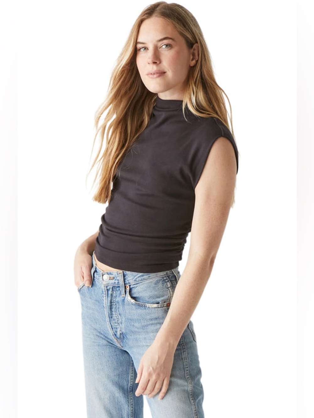 Michael Stars Amara Mock Neck Powershoulder Ultra Rib Heather Black Size M